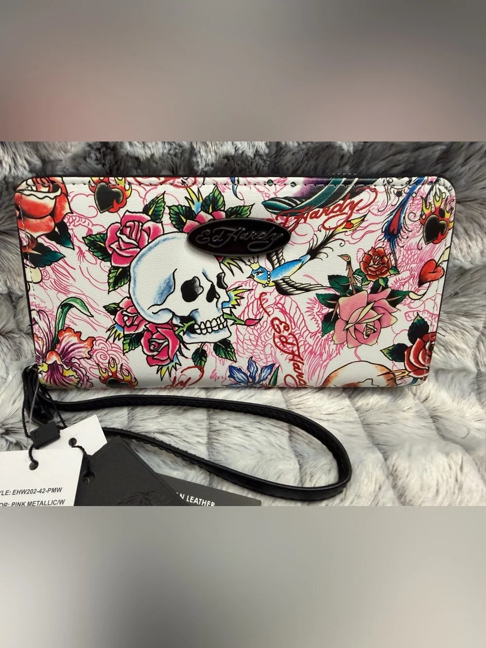 Ed Hardy Pink Metallic Skull & Rose Zip Wristlet